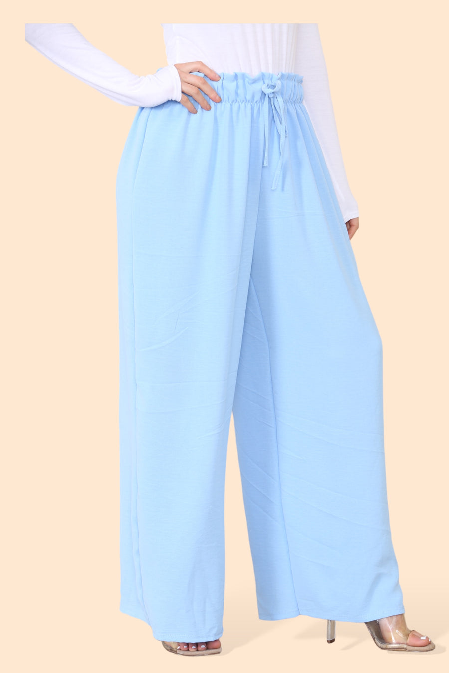 Lightweight Wide Legged Trousers with Ruched Stretchy Waistband