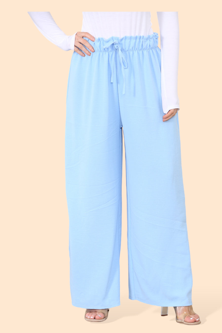 Lightweight Wide Legged Trousers with Ruched Stretchy Waistband