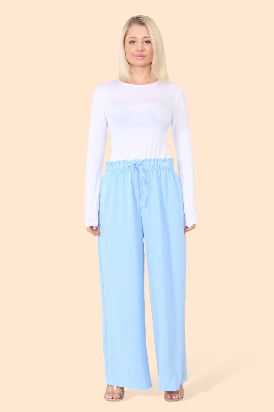 Lightweight Wide Legged Trousers with Ruched Stretchy Waistband