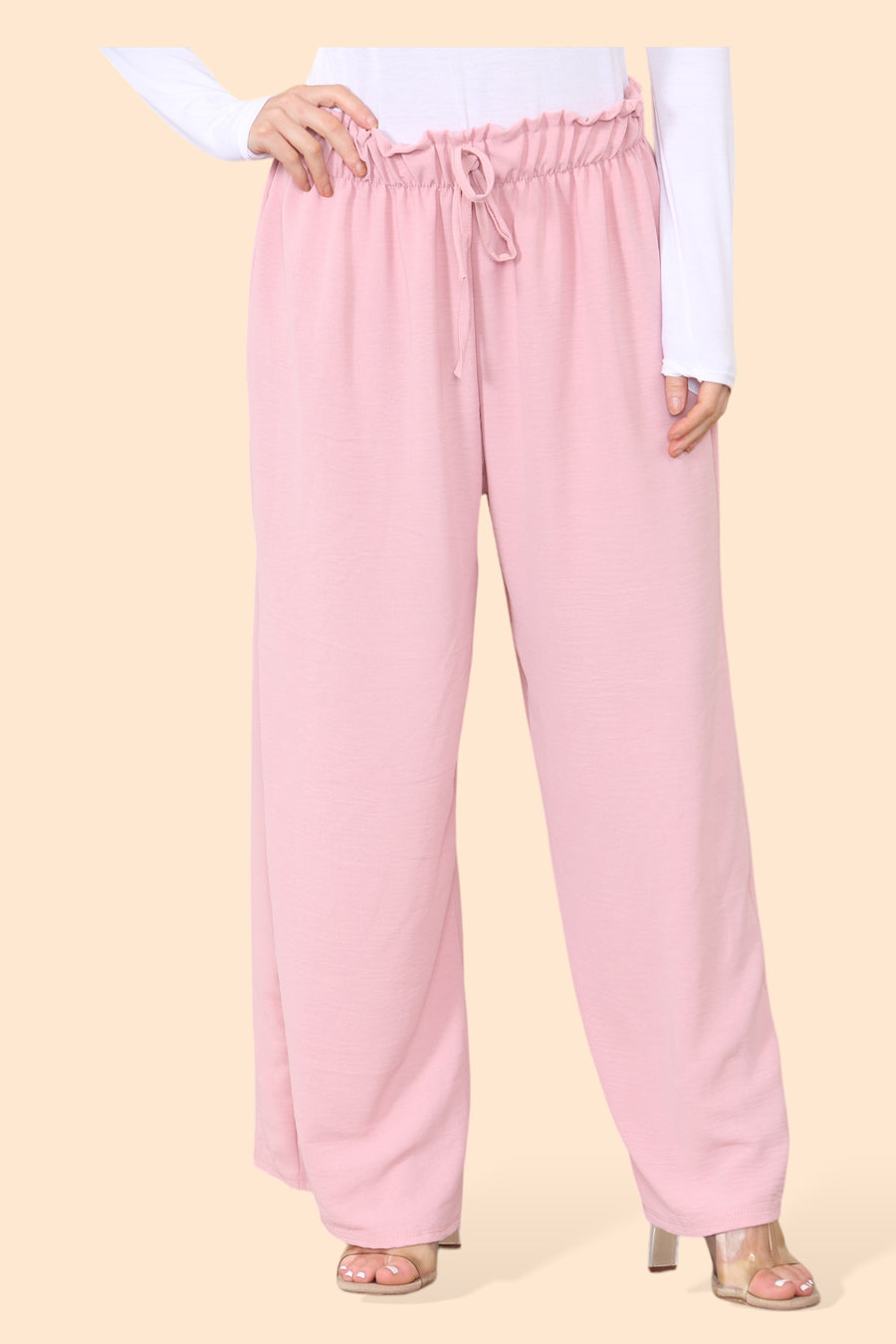 Lightweight Wide Legged Trousers with Ruched Stretchy Waistband