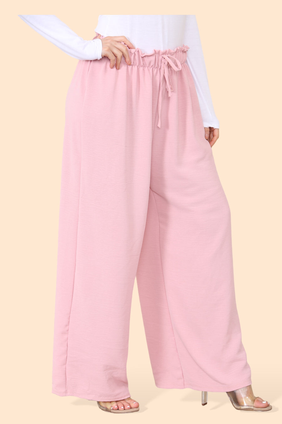 Lightweight Wide Legged Trousers with Ruched Stretchy Waistband