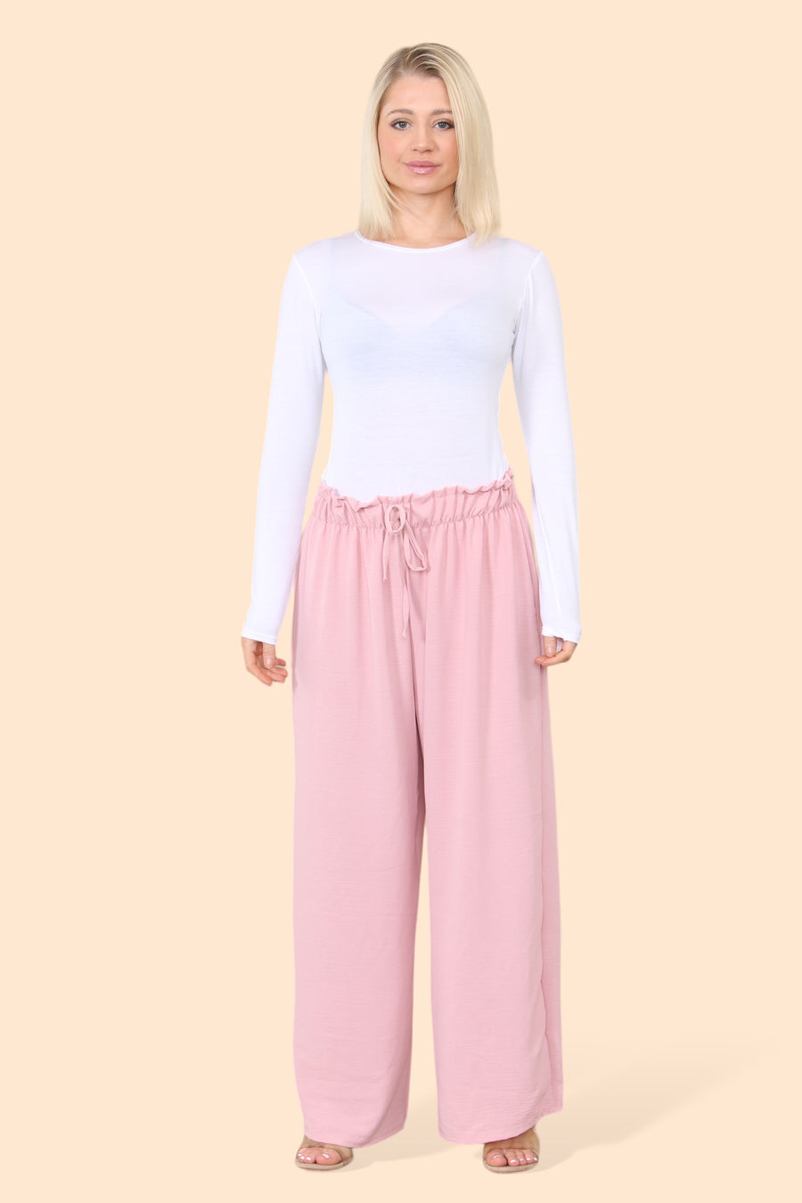 Lightweight Wide Legged Trousers with Ruched Stretchy Waistband