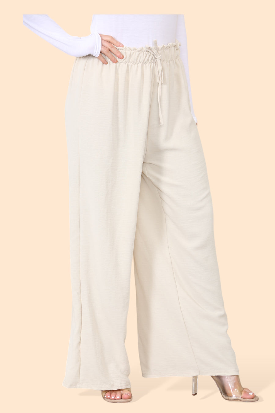 Lightweight Wide Legged Trousers with Ruched Stretchy Waistband