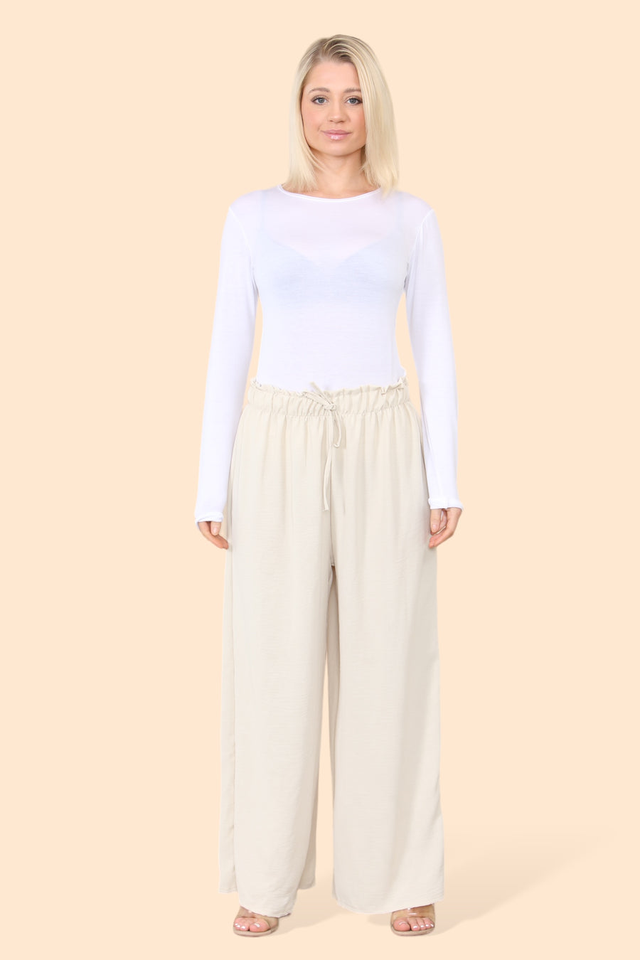 Lightweight Wide Legged Trousers with Ruched Stretchy Waistband