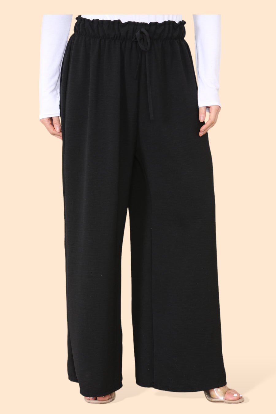 Lightweight Wide Legged Trousers with Ruched Stretchy Waistband