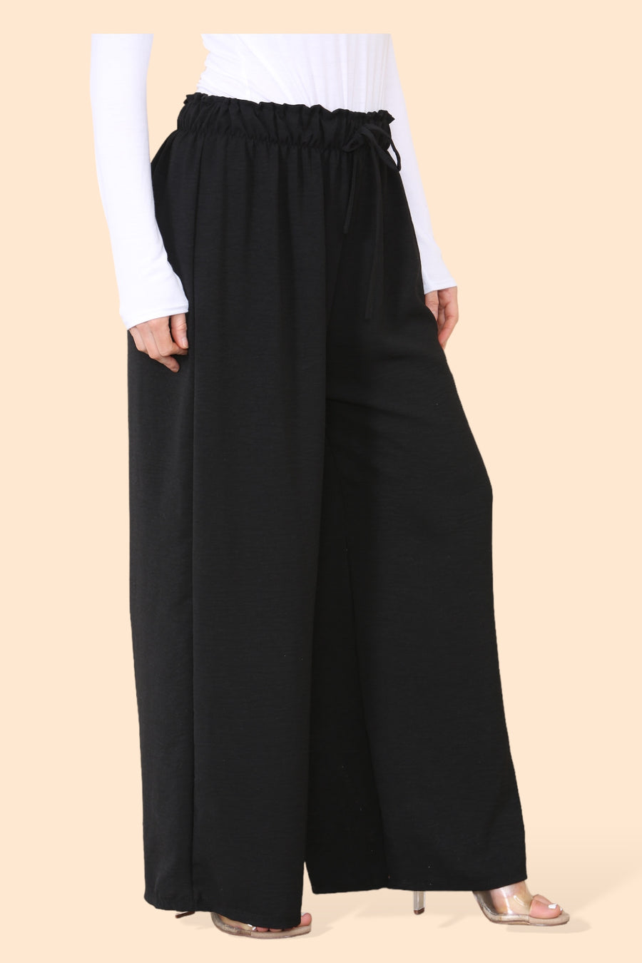 Lightweight Wide Legged Trousers with Ruched Stretchy Waistband