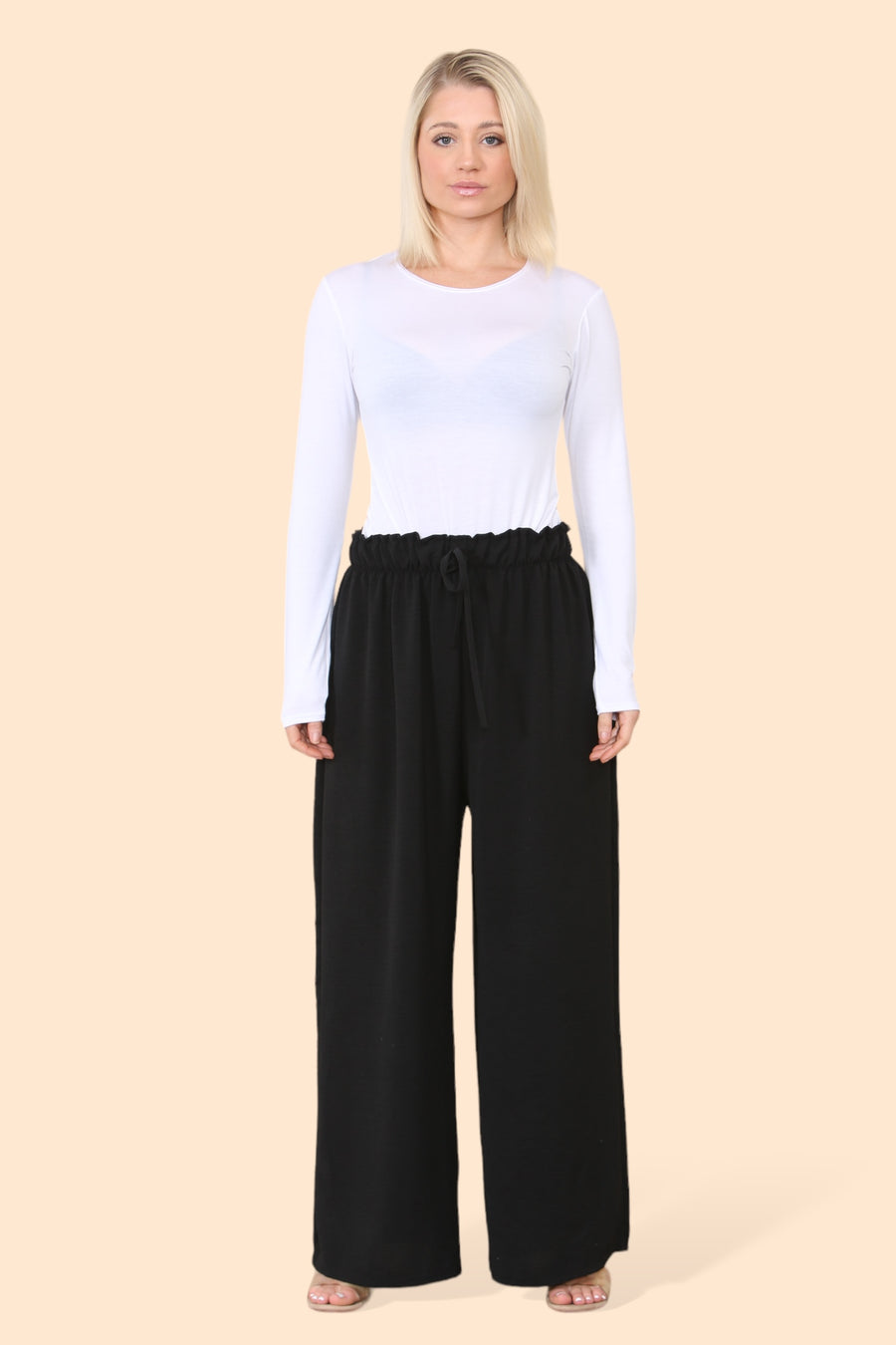 Lightweight Wide Legged Trousers with Ruched Stretchy Waistband