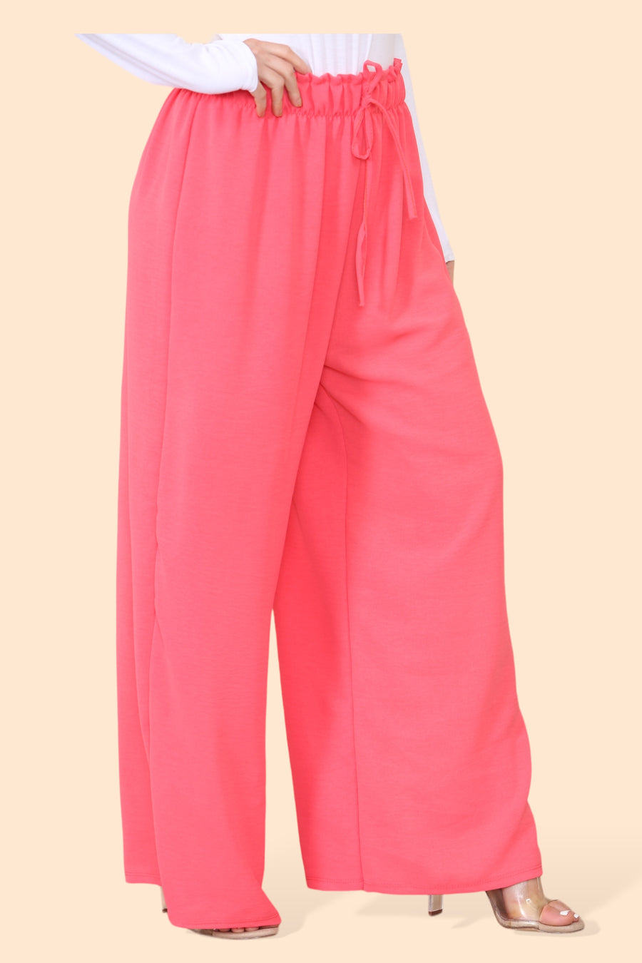 Lightweight Wide Legged Trousers with Ruched Stretchy Waistband