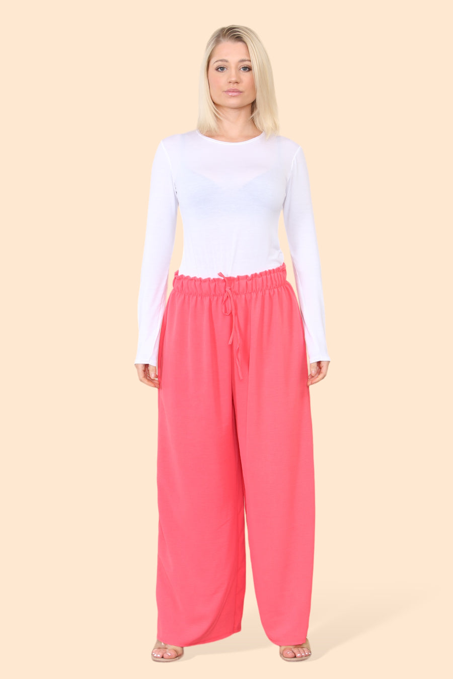 Lightweight Wide Legged Trousers with Ruched Stretchy Waistband