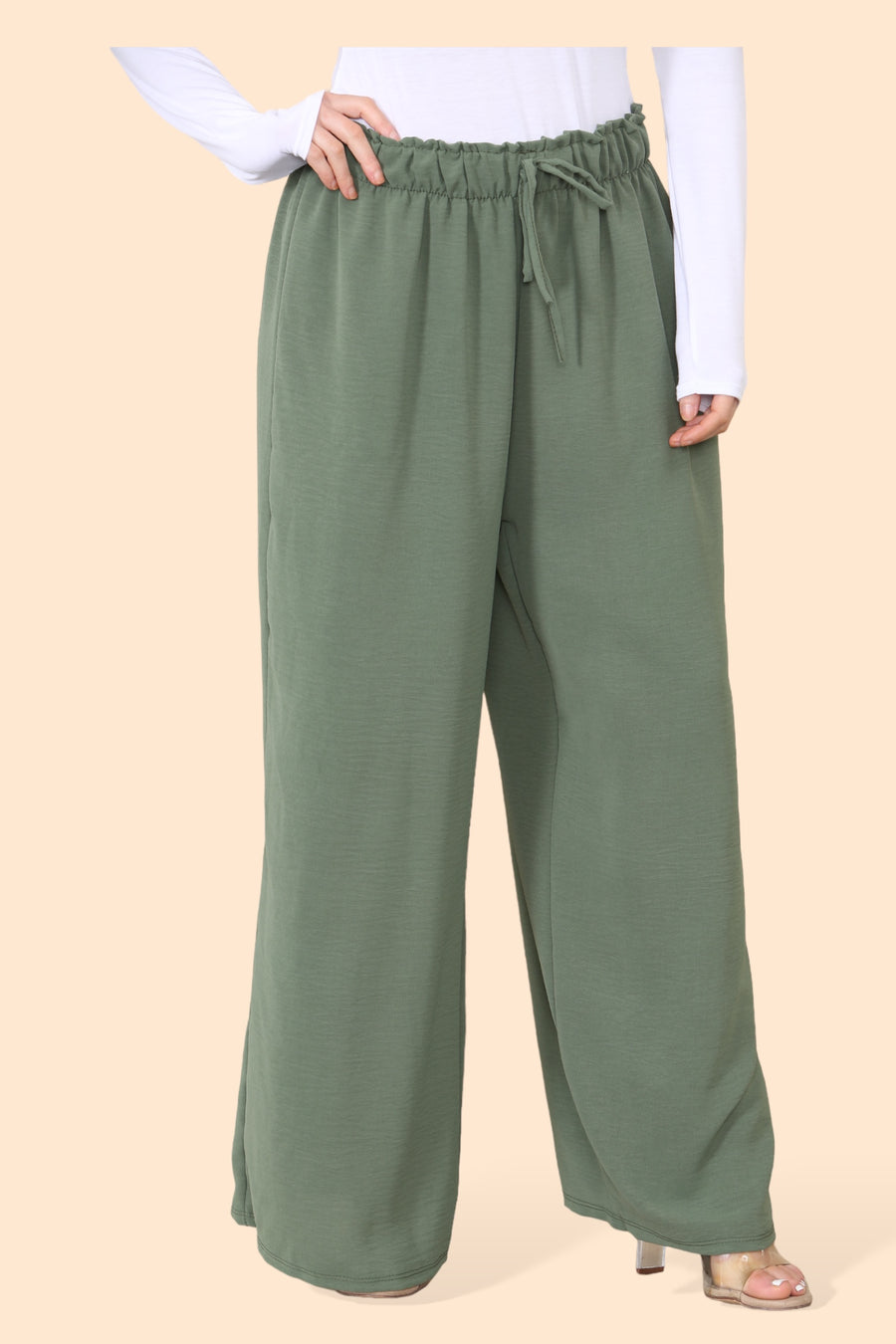 Lightweight Wide Legged Trousers with Ruched Stretchy Waistband