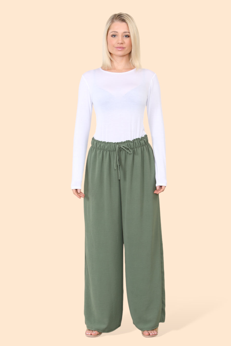 Lightweight Wide Legged Trousers with Ruched Stretchy Waistband