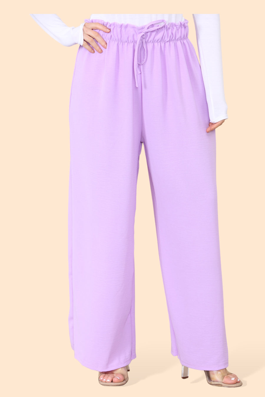 Lightweight Wide Legged Trousers with Ruched Stretchy Waistband