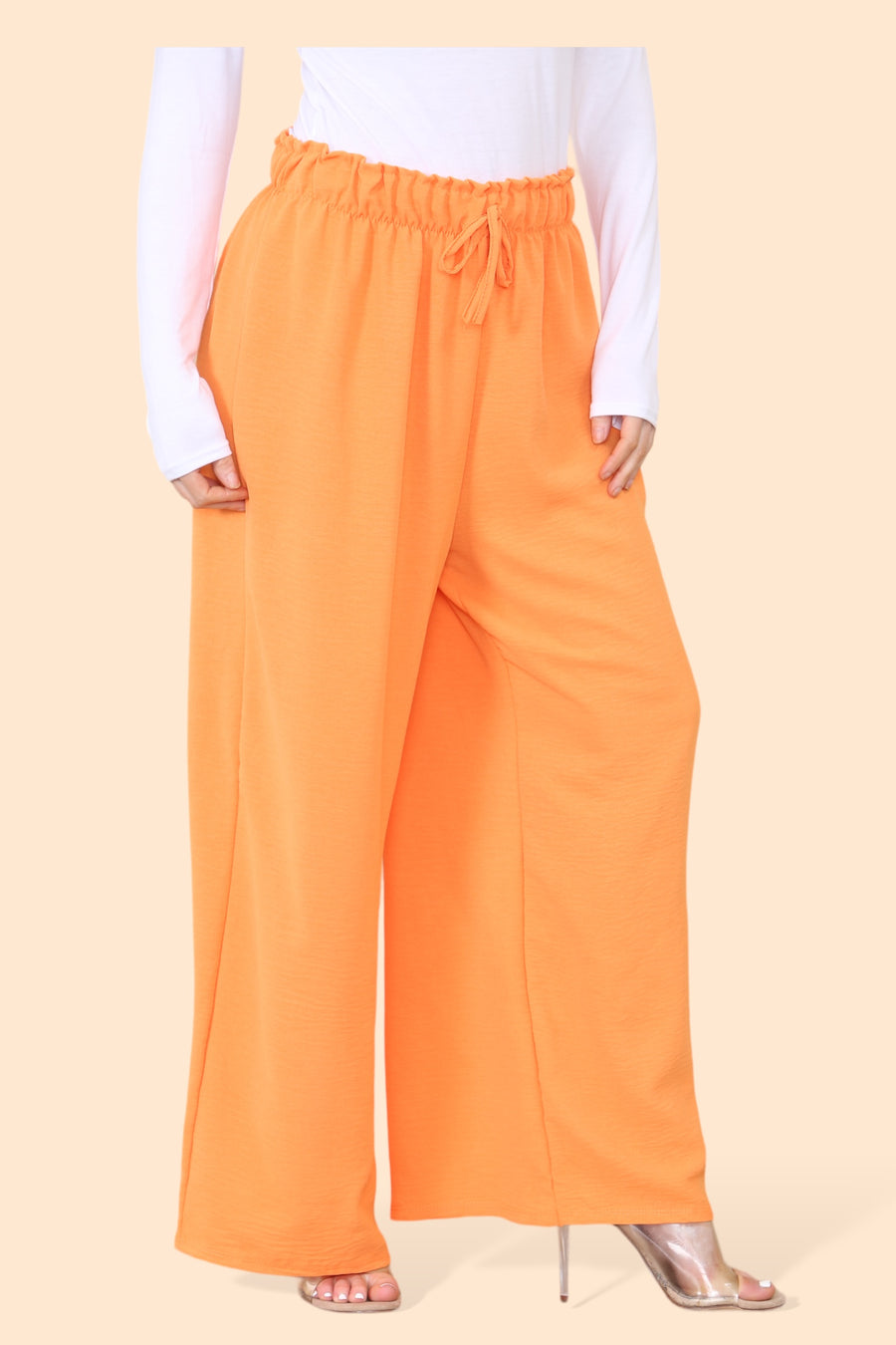 Lightweight Wide Legged Trousers with Ruched Stretchy Waistband