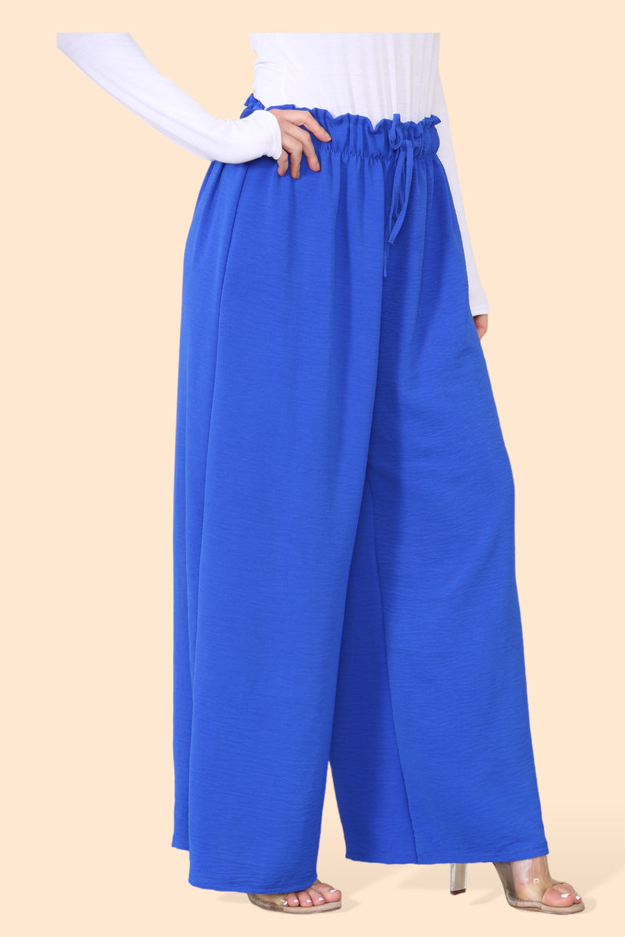 Lightweight Wide Legged Trousers with Ruched Stretchy Waistband