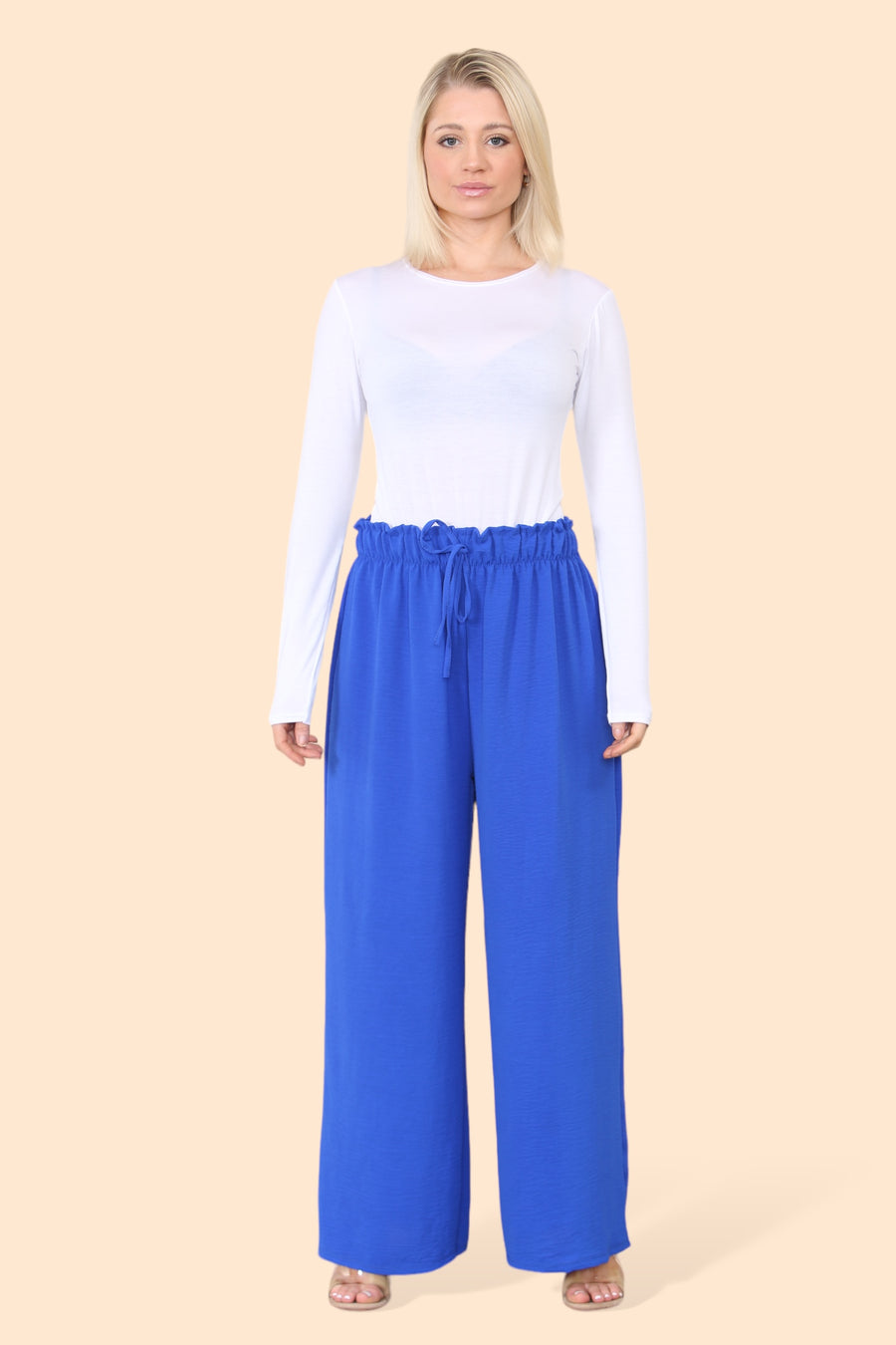 Lightweight Wide Legged Trousers with Ruched Stretchy Waistband