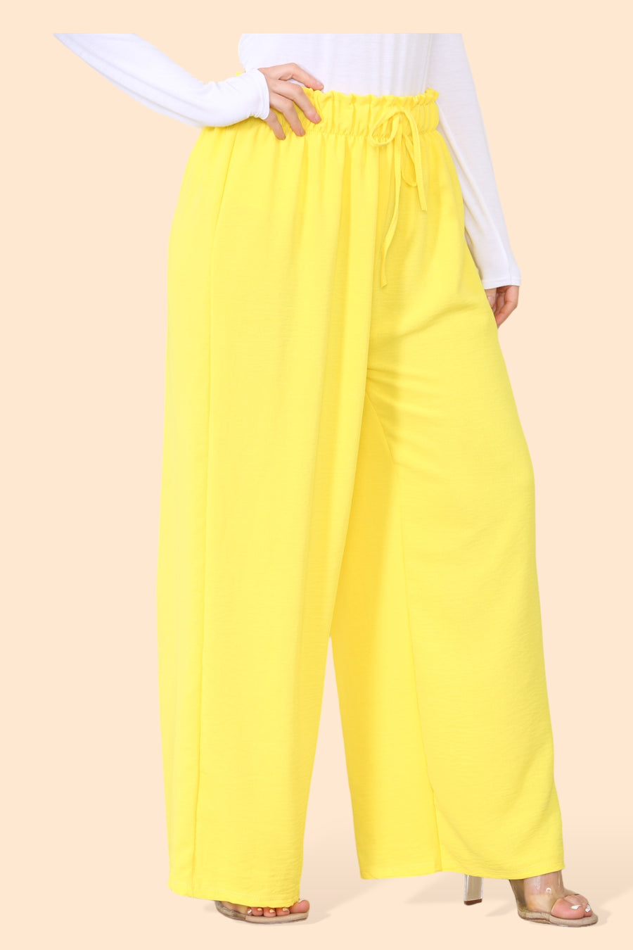 Lightweight Wide Legged Trousers with Ruched Stretchy Waistband