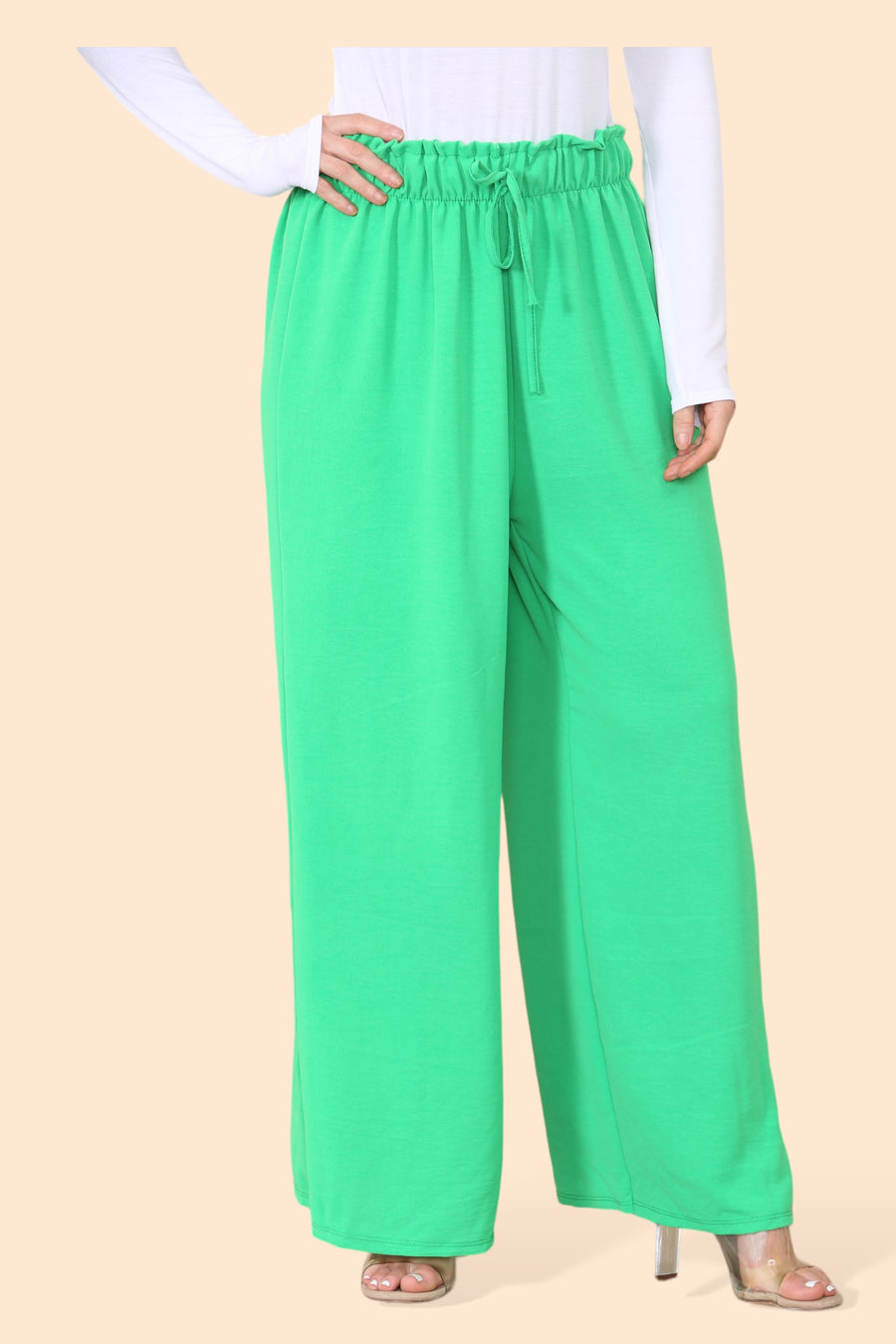 Lightweight Wide Legged Trousers with Ruched Stretchy Waistband