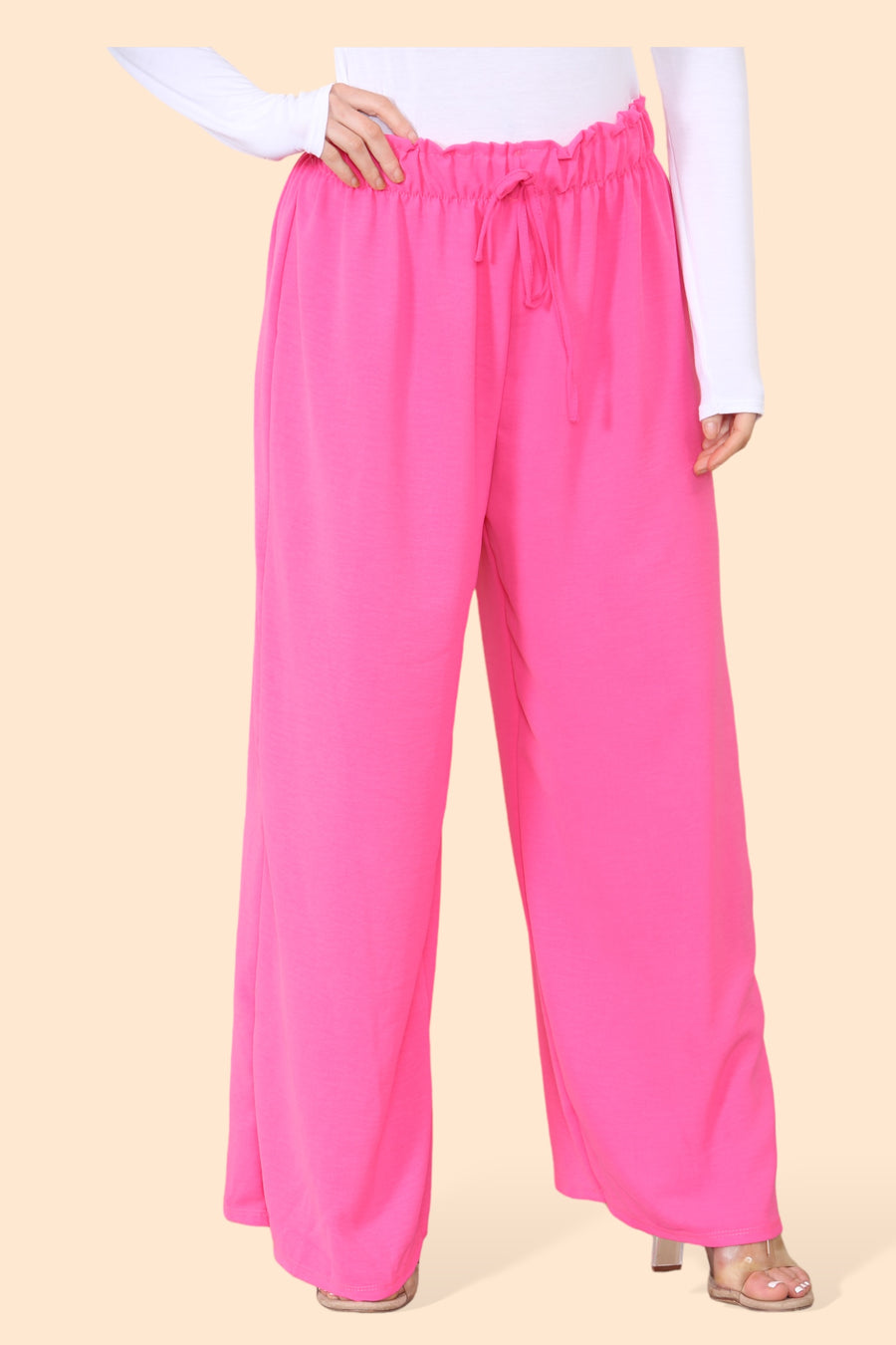 Lightweight Wide Legged Trousers with Ruched Stretchy Waistband