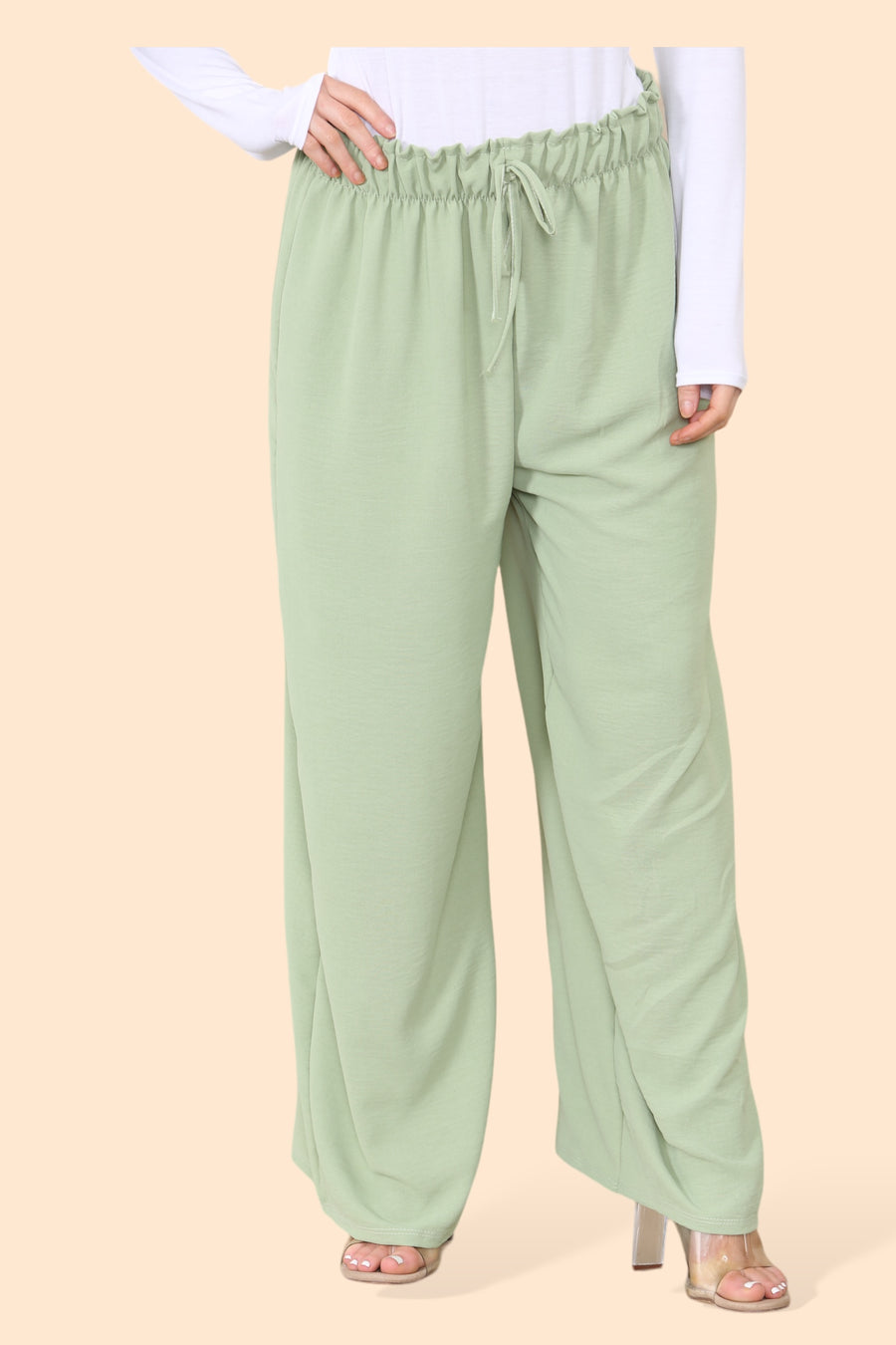 Lightweight Wide Legged Trousers with Ruched Stretchy Waistband