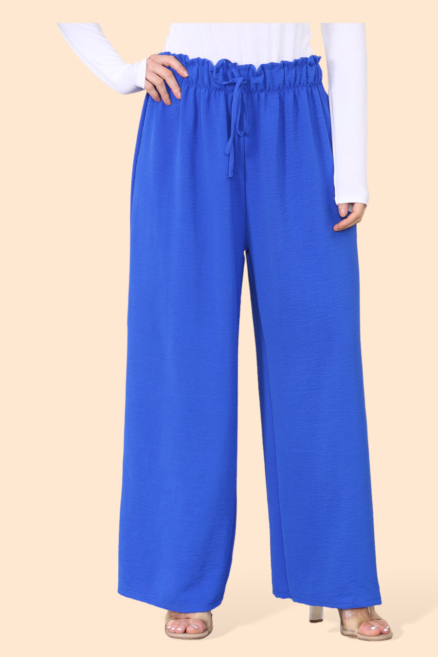 Lightweight Wide Legged Trousers with Ruched Stretchy Waistband