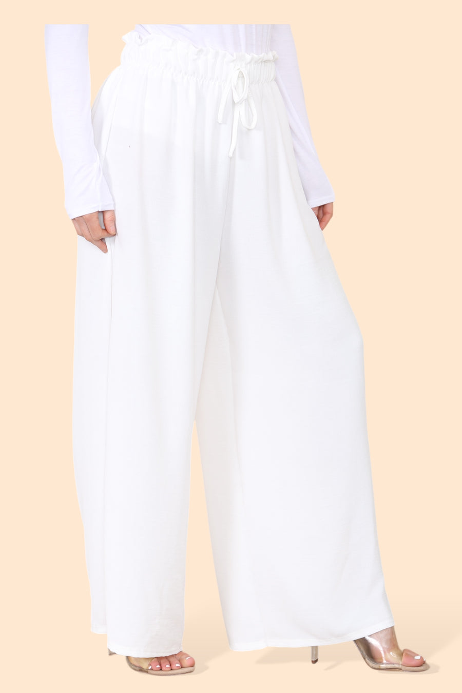 Lightweight Wide Legged Trousers with Ruched Stretchy Waistband