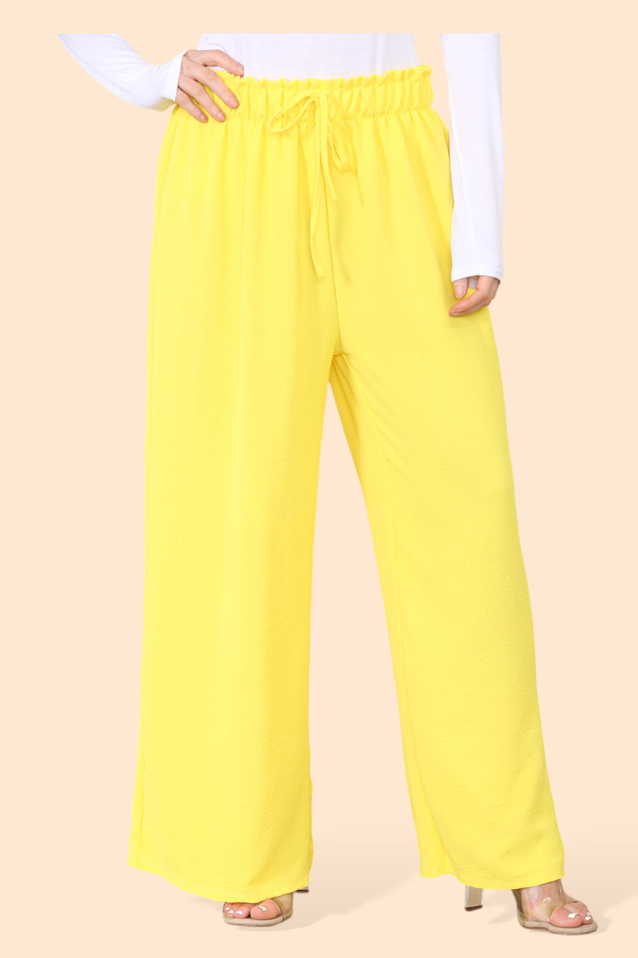 Lightweight Wide Legged Trousers with Ruched Stretchy Waistband