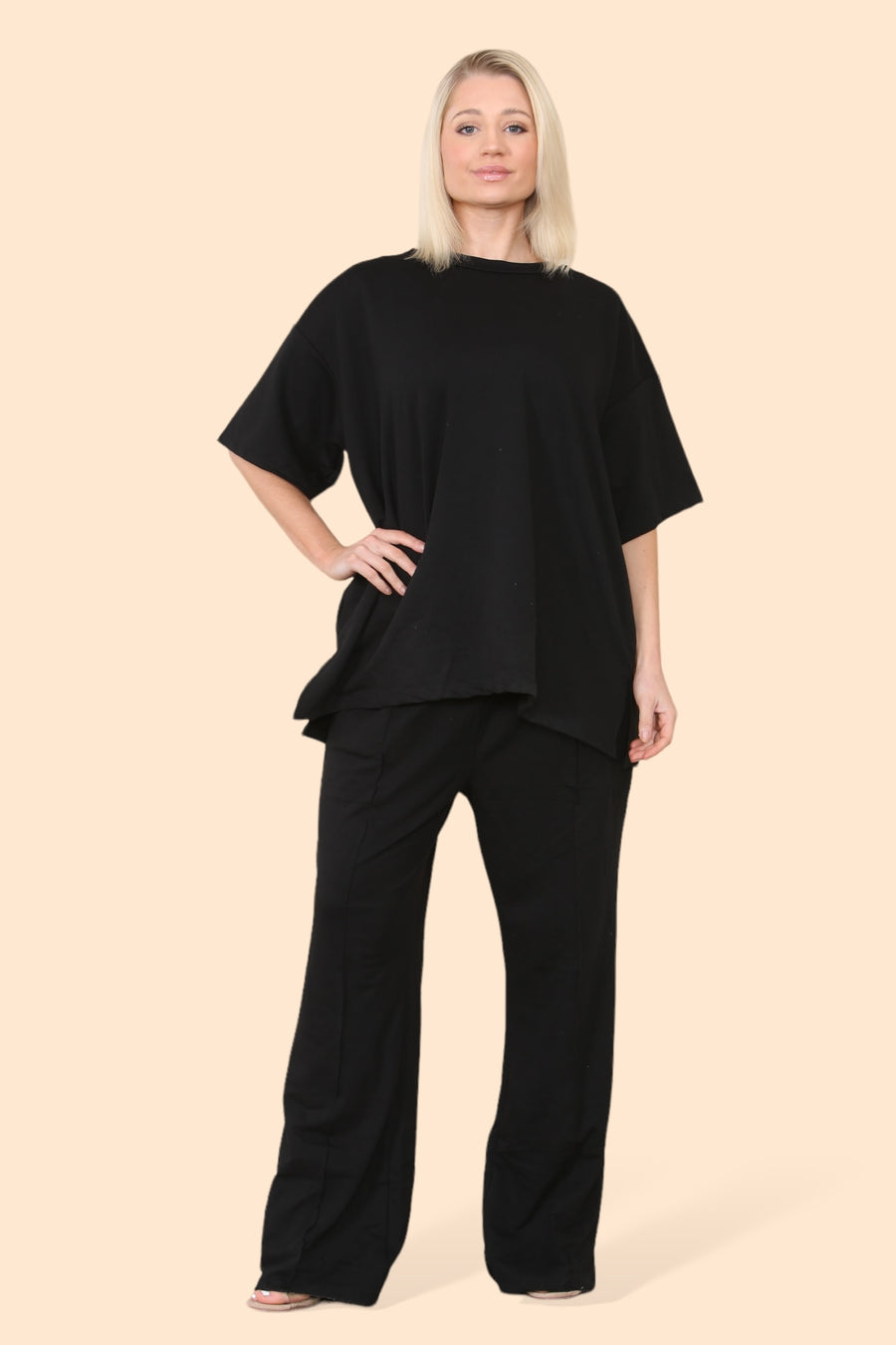 Cotton Set Short Sleeve T-shirt Matched with Wide Leg Straight Pinned Trousers