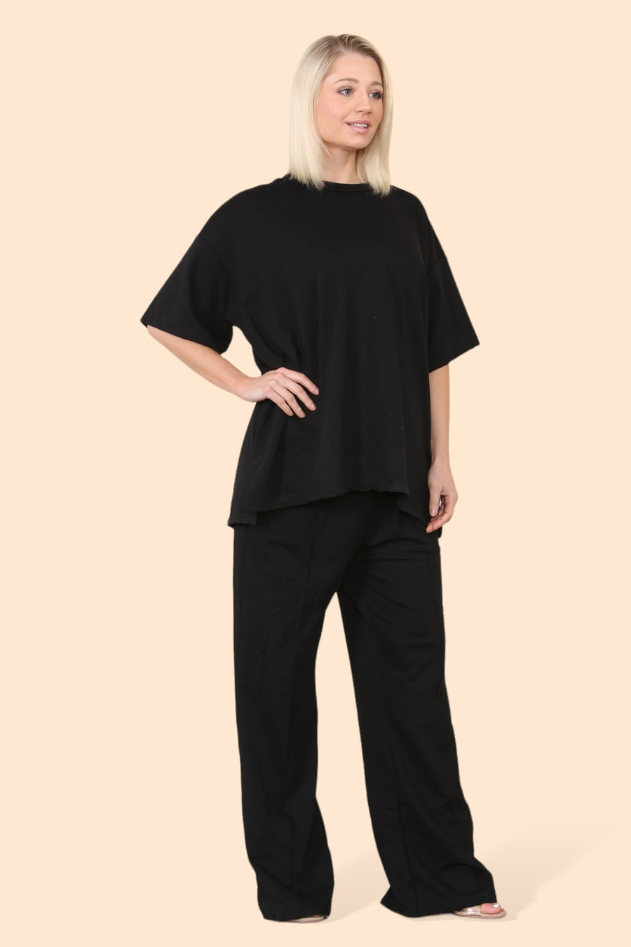 Cotton Set Short Sleeve T-shirt Matched with Wide Leg Straight Pinned Trousers