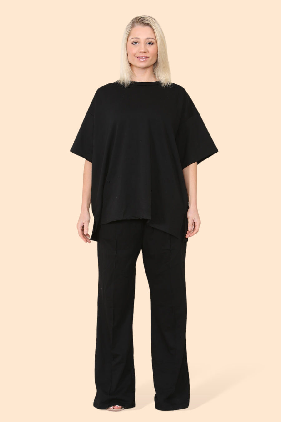 Cotton Set Short Sleeve T-shirt Matched with Wide Leg Straight Pinned Trousers