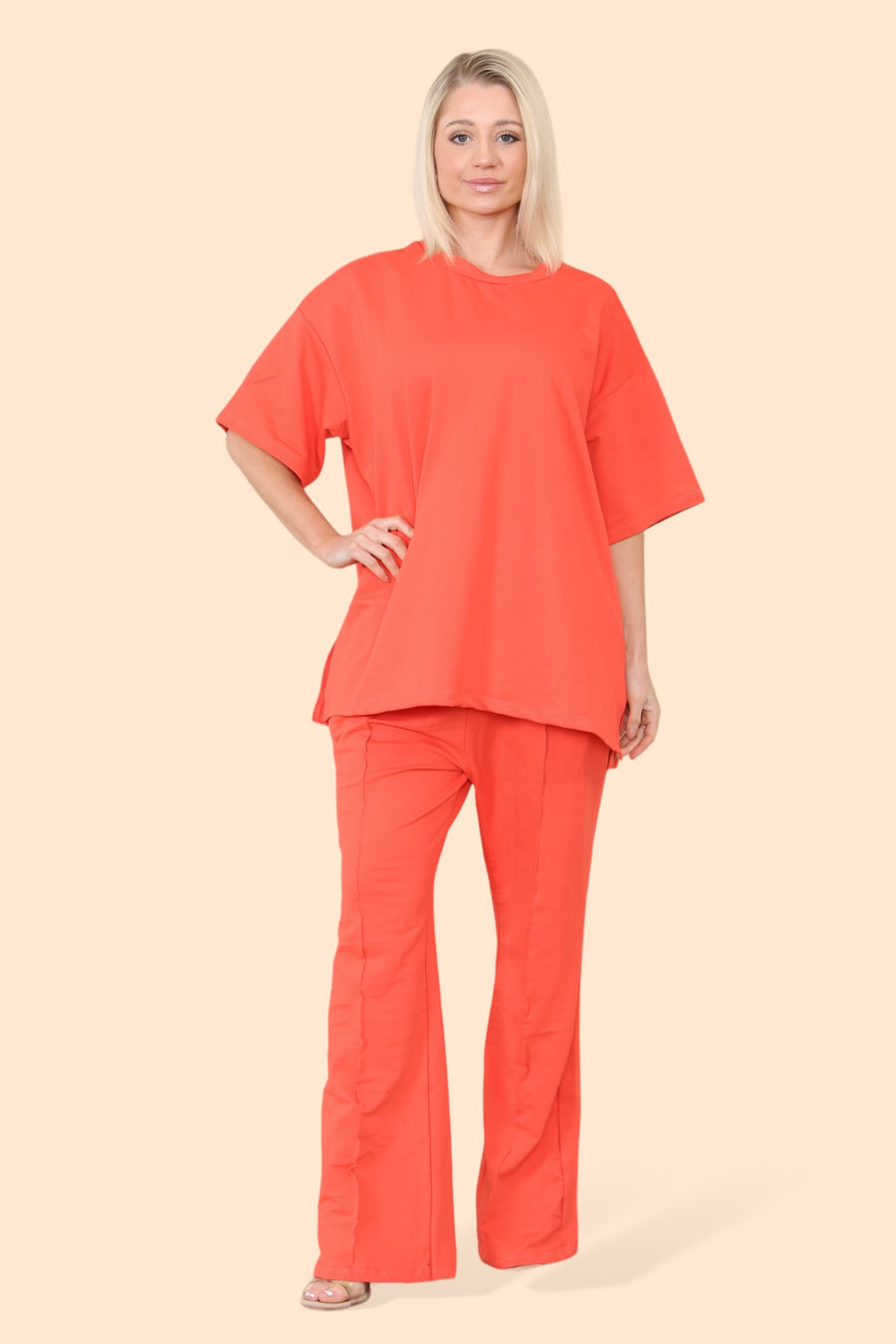 Cotton Set Short Sleeve T-shirt Matched with Wide Leg Straight Pinned Trousers