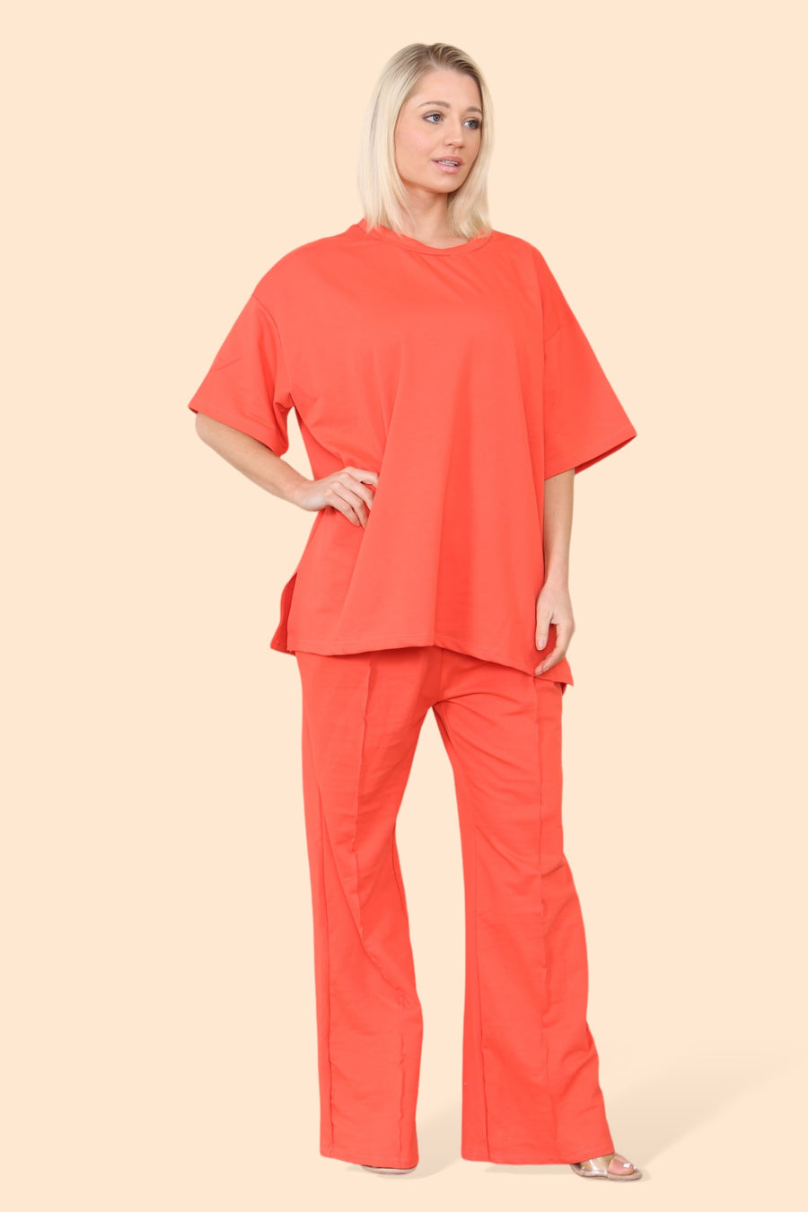 Cotton Set Short Sleeve T-shirt Matched with Wide Leg Straight Pinned Trousers