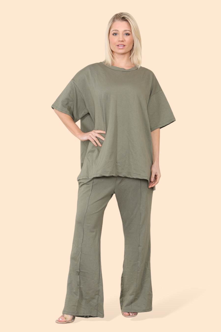 Cotton Set Short Sleeve T-shirt Matched with Wide Leg Straight Pinned Trousers