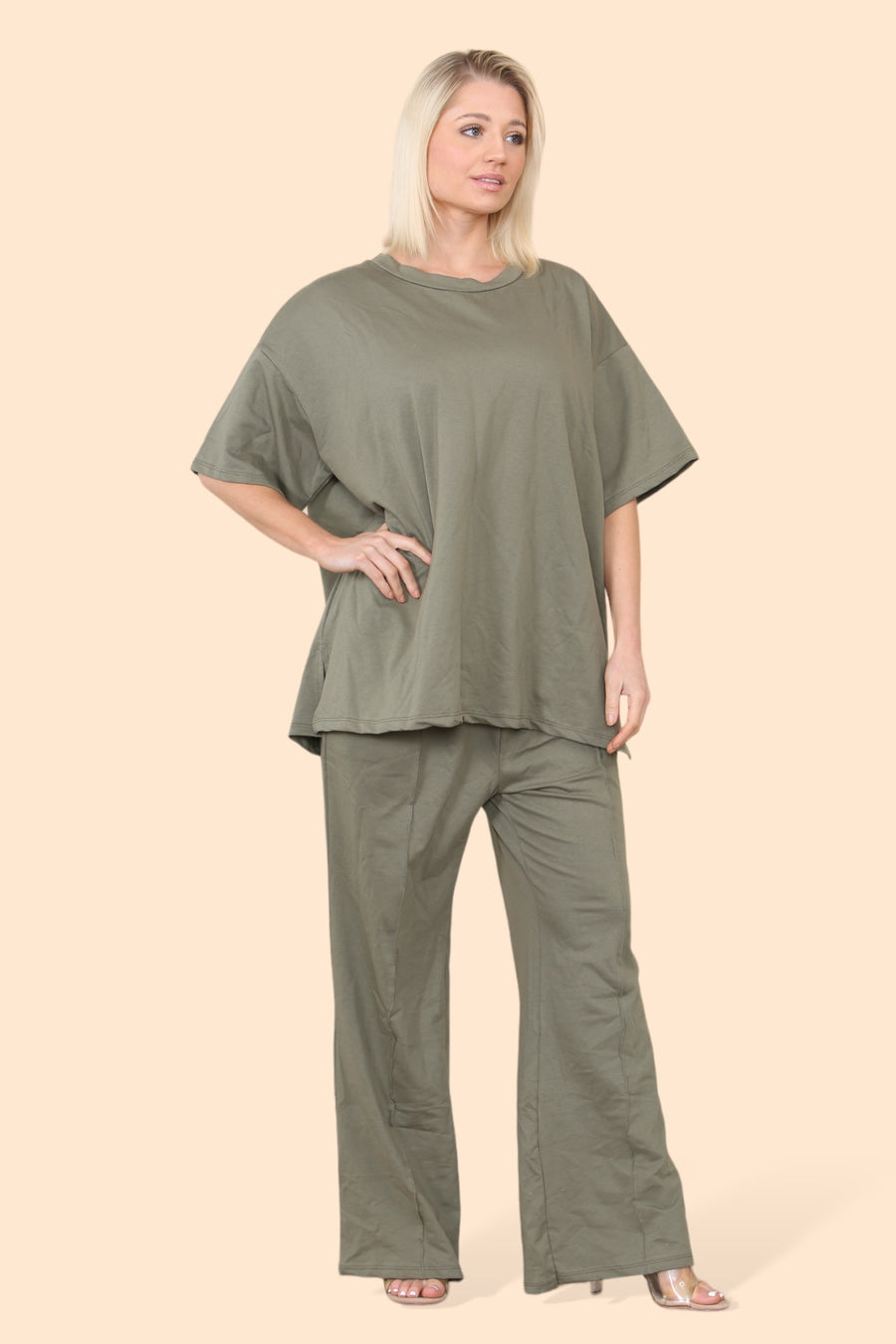 Cotton Set Short Sleeve T-shirt Matched with Wide Leg Straight Pinned Trousers