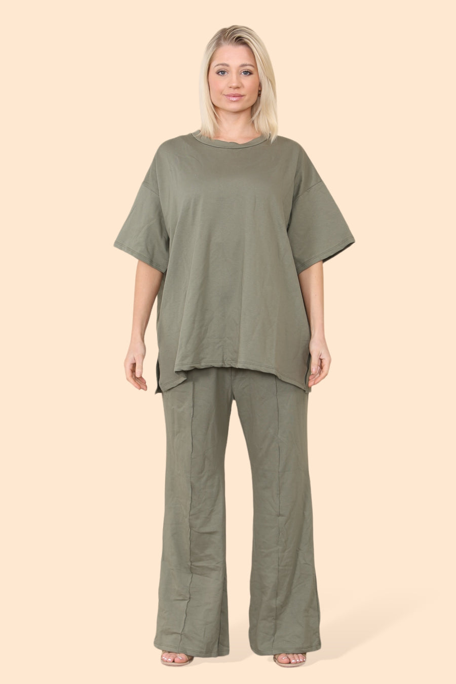 Cotton Set Short Sleeve T-shirt Matched with Wide Leg Straight Pinned Trousers