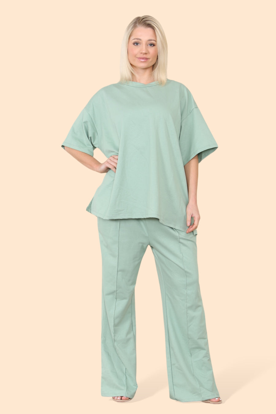 Cotton Set Short Sleeve T-shirt Matched with Wide Leg Straight Pinned Trousers