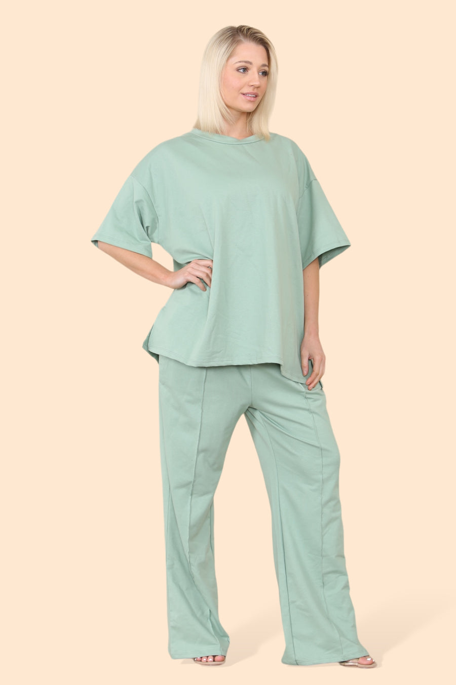 Cotton Set Short Sleeve T-shirt Matched with Wide Leg Straight Pinned Trousers