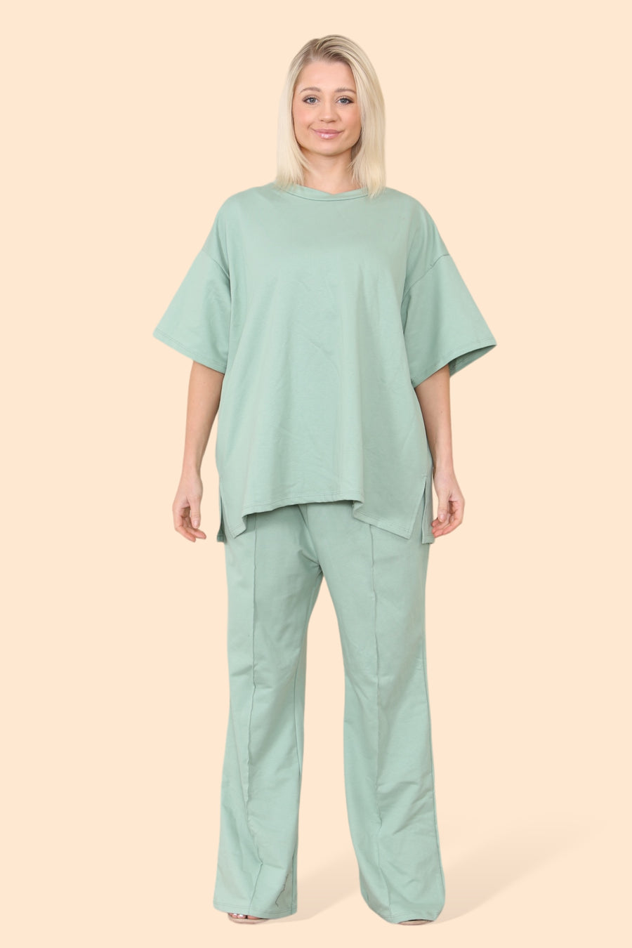 Cotton Set Short Sleeve T-shirt Matched with Wide Leg Straight Pinned Trousers