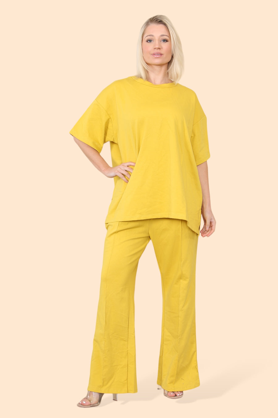 Cotton Set Short Sleeve T-shirt Matched with Wide Leg Straight Pinned Trousers