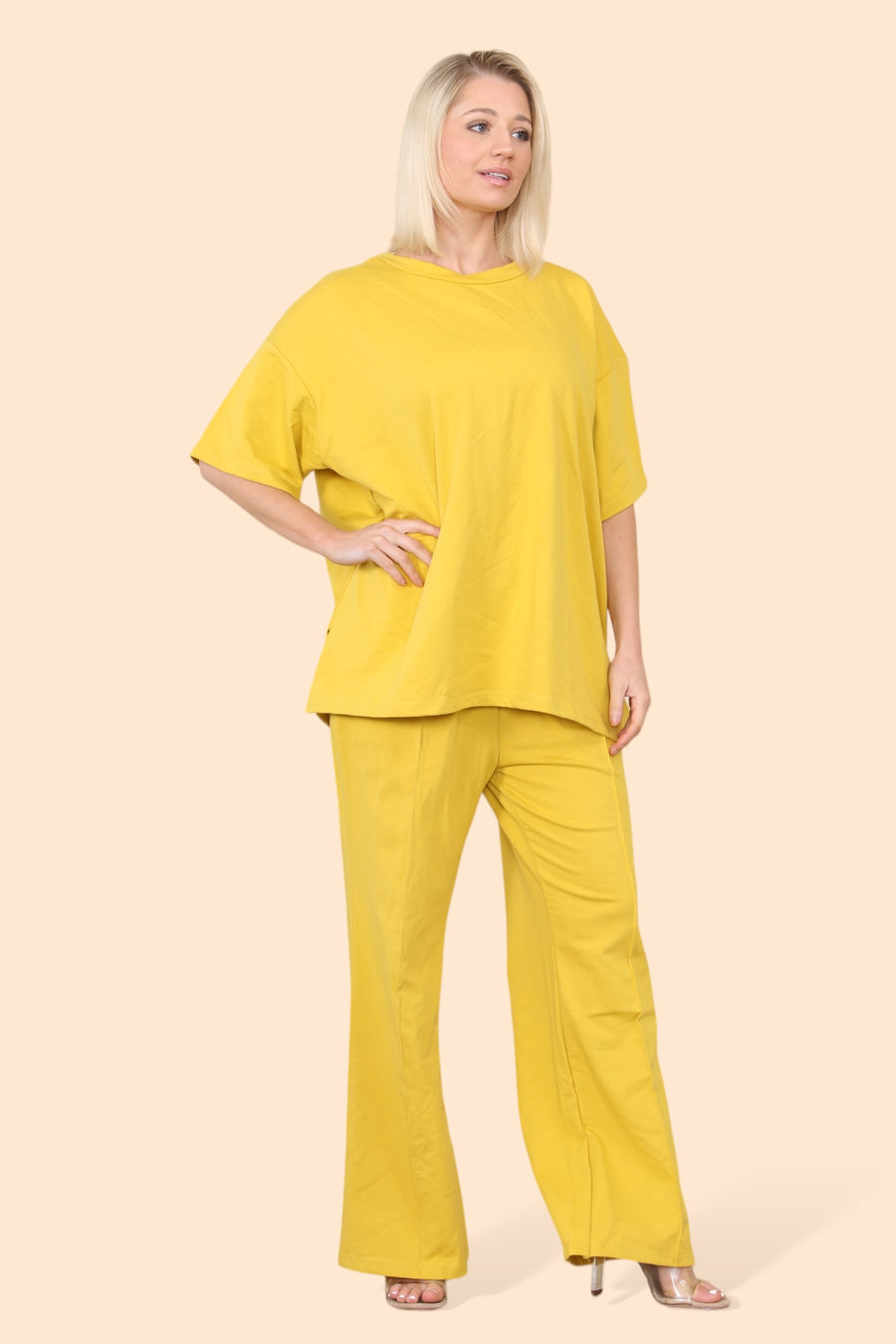 Cotton Set Short Sleeve T-shirt Matched with Wide Leg Straight Pinned Trousers