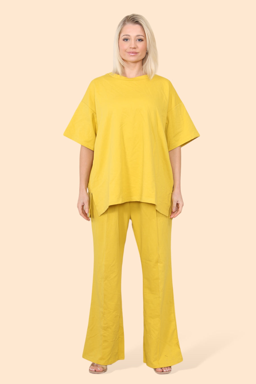 Cotton Set Short Sleeve T-shirt Matched with Wide Leg Straight Pinned Trousers