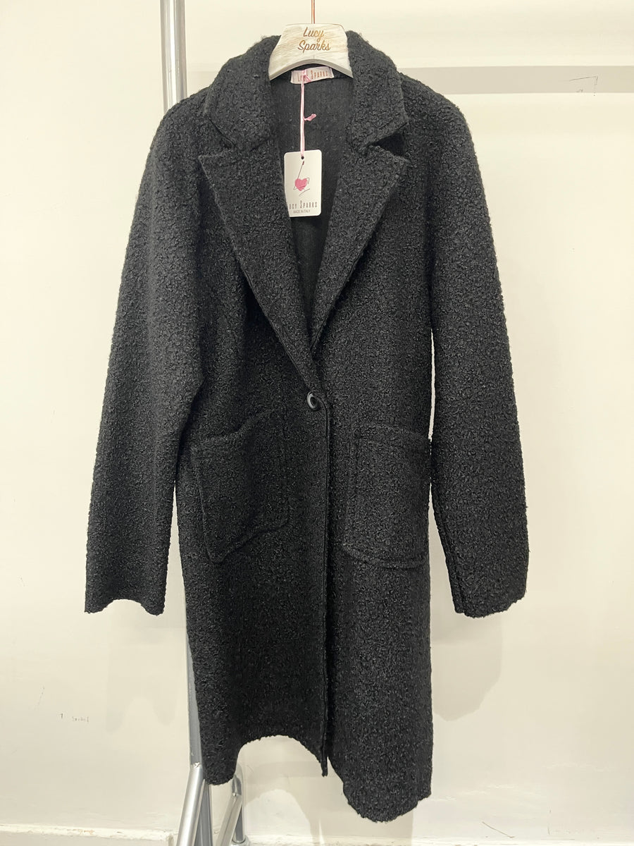 Boucle Teddy Fabric Coat With Button Fastening, Front Pockets And Lapel