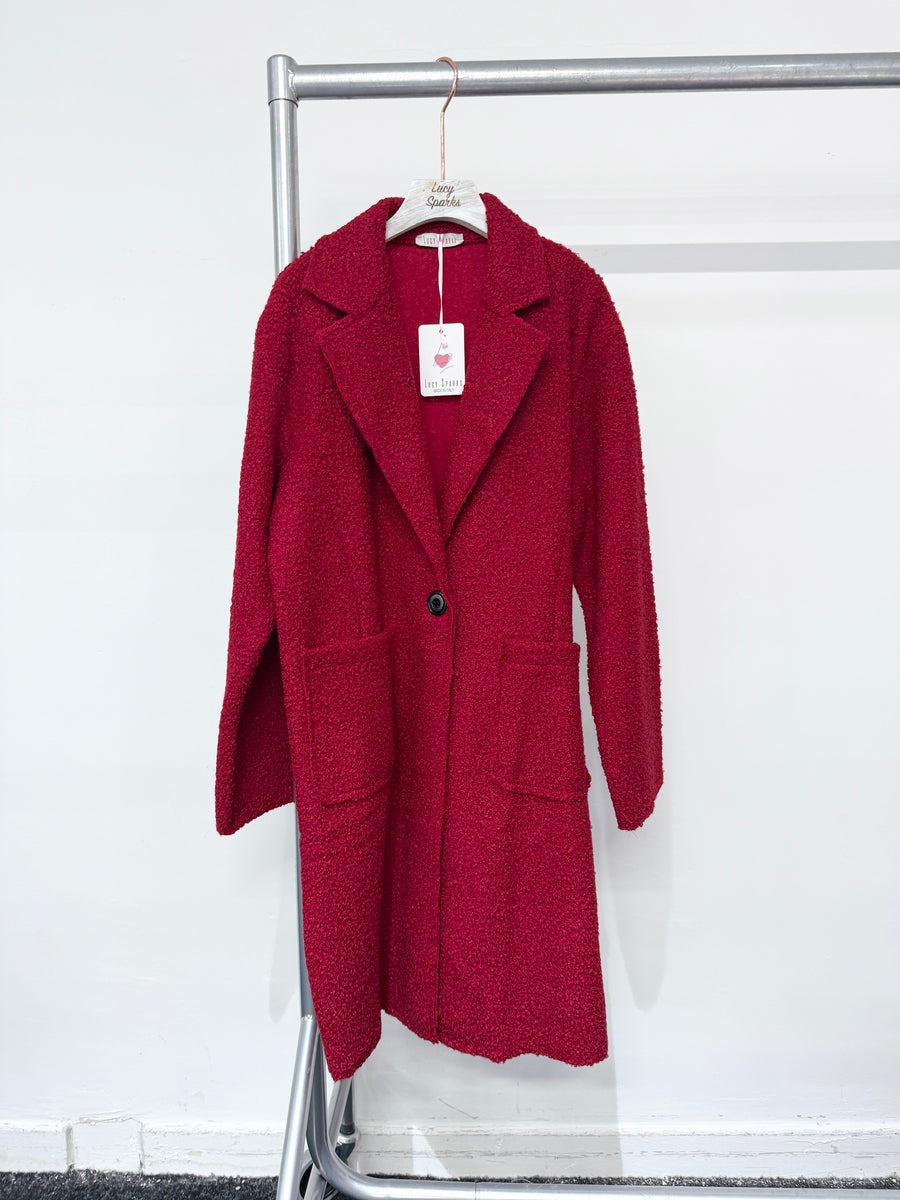 Boucle Teddy Fabric Coat With Button Fastening, Front Pockets And Lapel