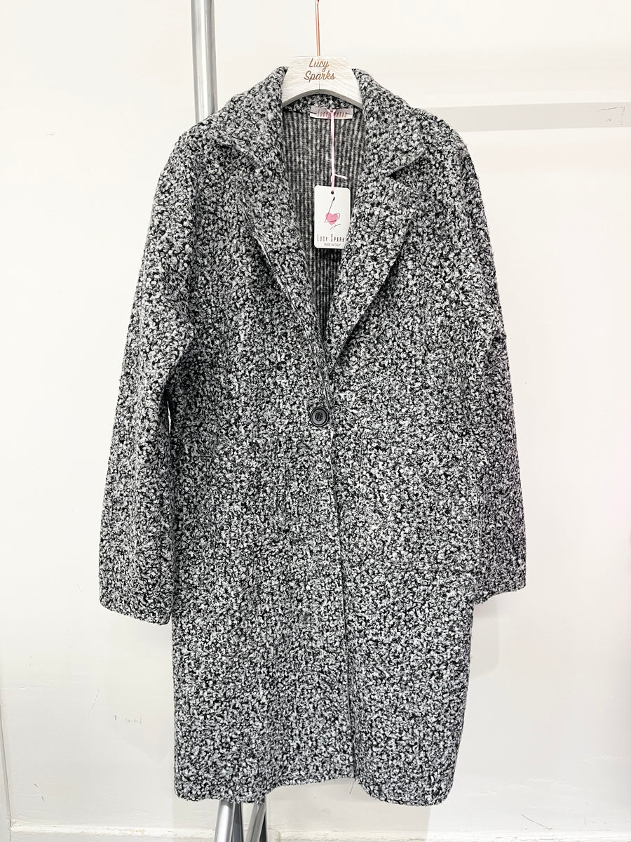 Boucle Teddy Fabric Coat With Button Fastening, Front Pockets And Lapel