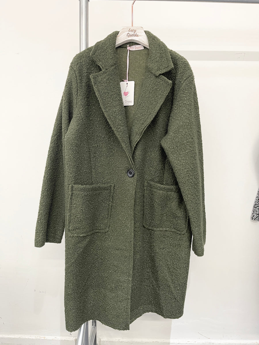 Boucle Teddy Fabric Coat With Button Fastening, Front Pockets And Lapel