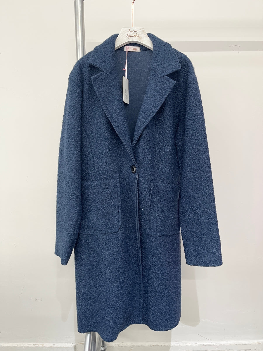 Boucle Teddy Fabric Coat With Button Fastening, Front Pockets And Lapel