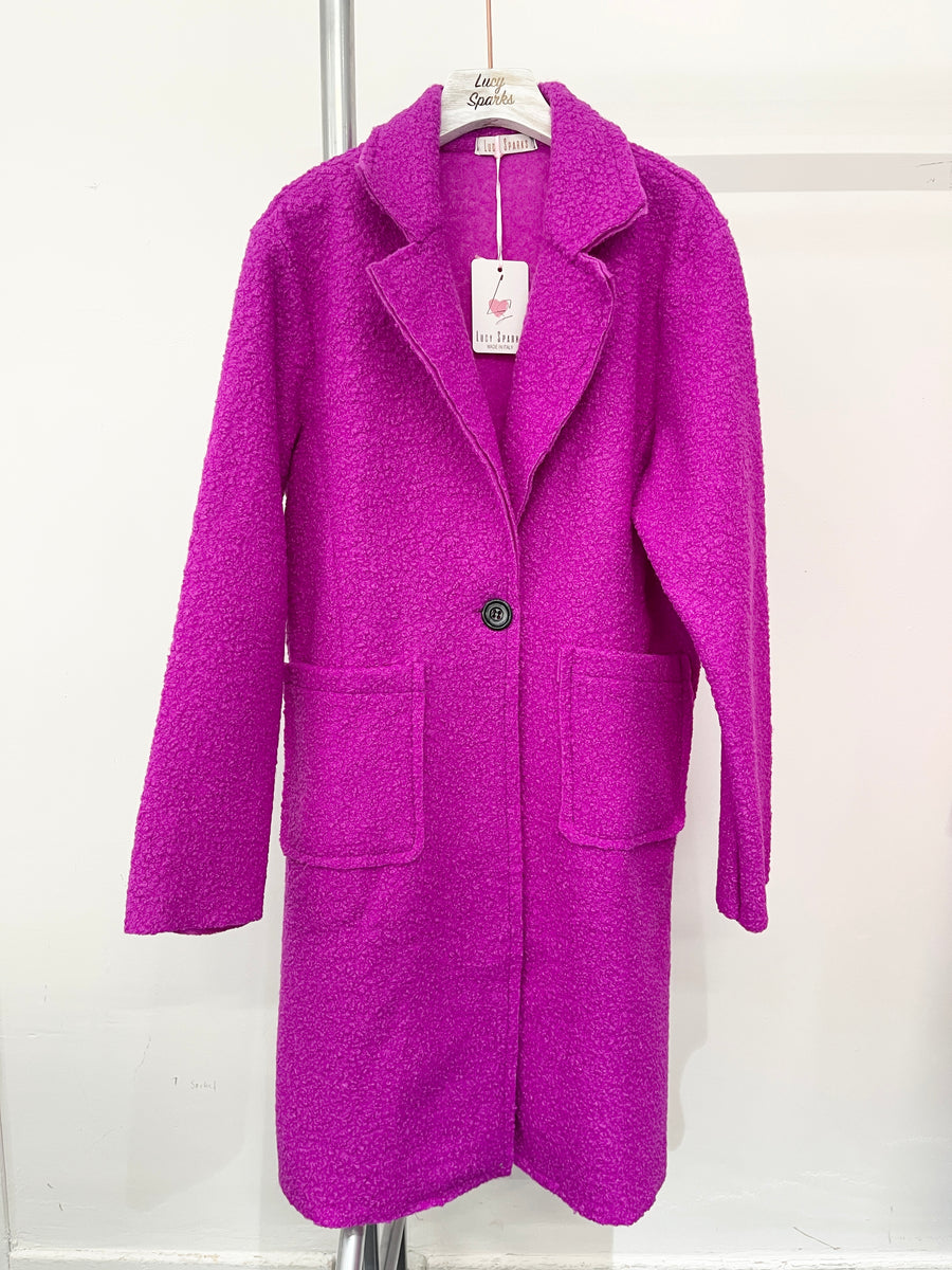 Boucle Teddy Fabric Coat With Button Fastening, Front Pockets And Lapel