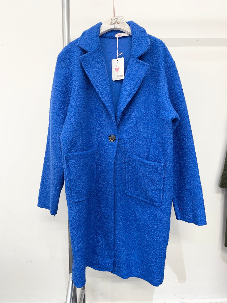 Boucle Teddy Fabric Coat With Button Fastening, Front Pockets And Lapel