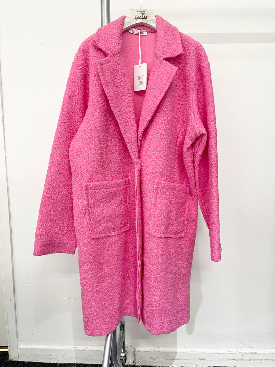 Boucle Teddy Fabric Coat With Button Fastening, Front Pockets And Lapel