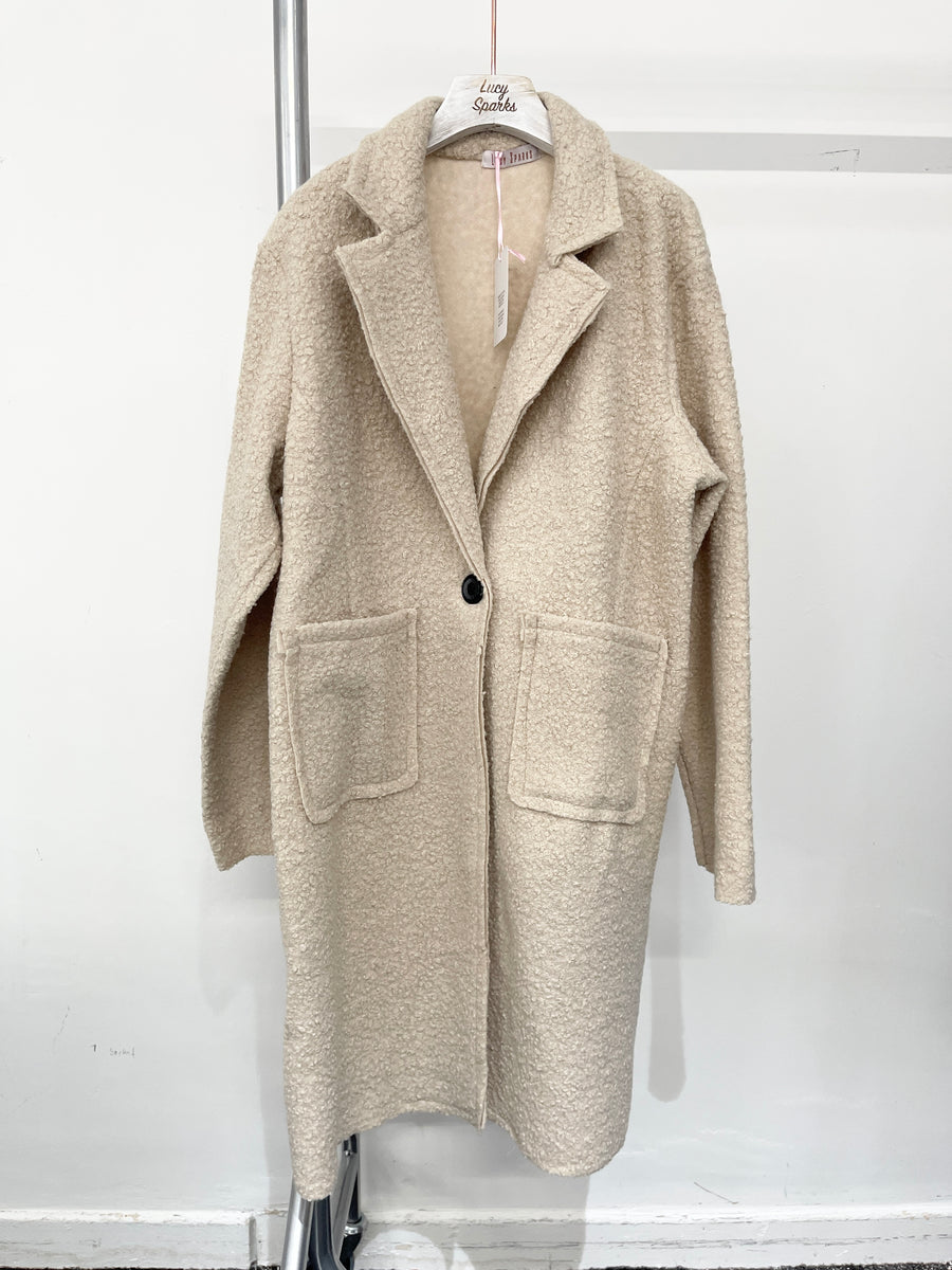 Boucle Teddy Fabric Coat With Button Fastening, Front Pockets And Lapel