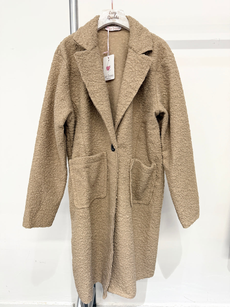 Boucle Teddy Fabric Coat With Button Fastening, Front Pockets And Lapel